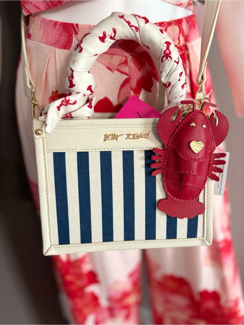 Betsey Johnson XOLUCY Navy Multi Striped Satchel Crossbody Bag NWT Lobster Charm